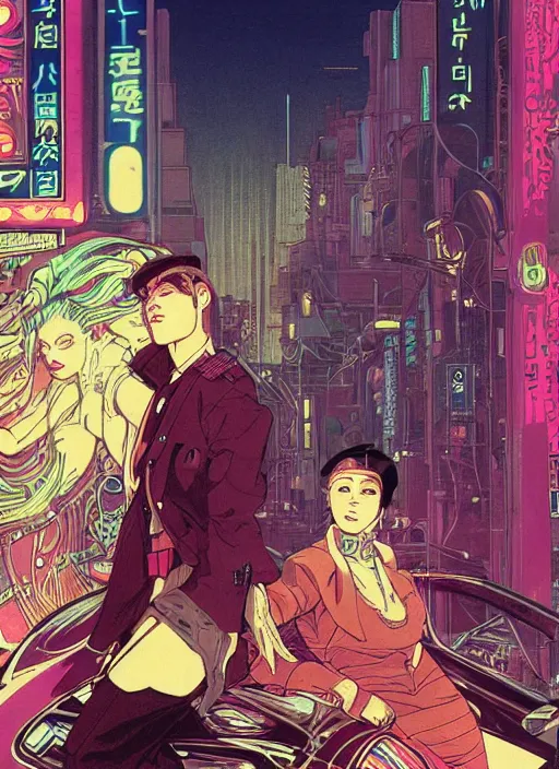 Image similar to portrait of a cyborg boy and a cyborg girl inside a car in the middle of futuristic tokyo at night. diffuse neon light, dramatic landscape, fantasy illustration, matte painting by mucha