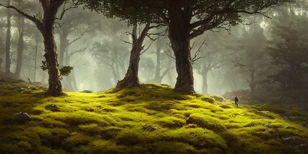 Image similar to beautiful oil painting of a rocky field with moss, a tree with blue leaves, glowing, gloomy, atmospheric lighting, detailed, by greg rutkowski, trending on artstation