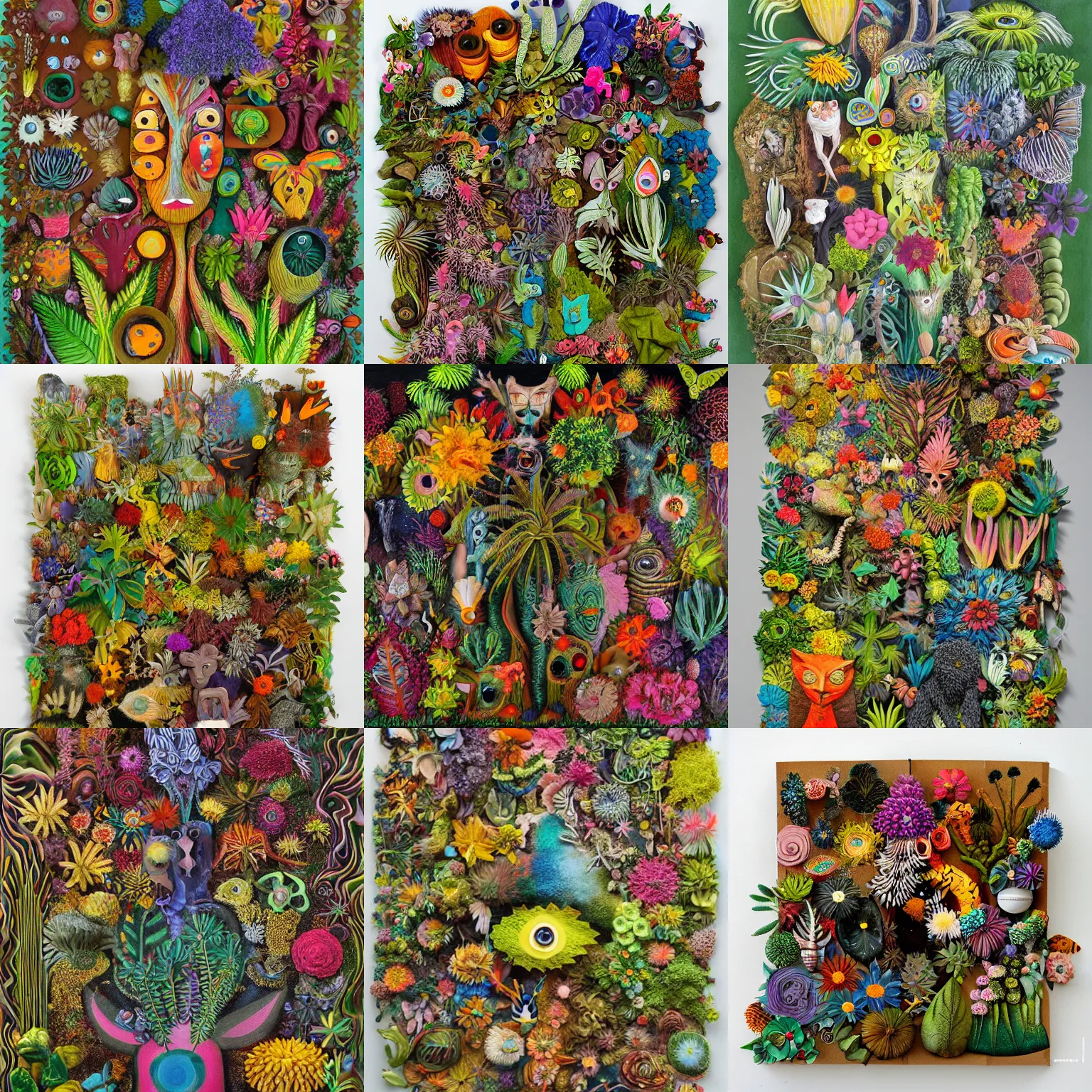 Prompt: a painting of a bunch of plants and animals, a surrealist sculpture by John Backderf, behance contest winner, psychedelic art, behance hd, made of cardboard, made of flowers