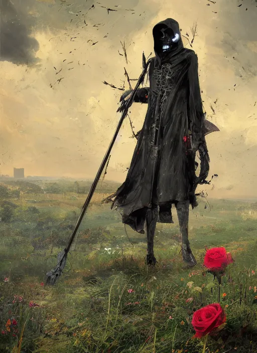 Prompt: grim reaper : : scythe and black rose : : kodachrome : : 2 d : : 3 d : : ray tracing global illumination : : insanely detailed and intricate, hypermaximalist, elegant, ornate, hyper realistic, super detailed : : by ismail inceoglu : : by john constable