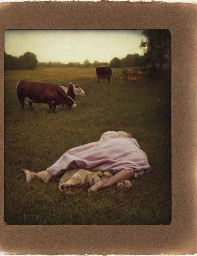 Image similar to peasant girl laying on a cow on a farm, cottage core, polaroid photo bleached vintage pastel colors high - key lighting, soft lights, foggy, by steve hanks, by lisa yuskavage, by serov valentin, by tarkovsky, 8 k render, detailed, oil on canvas