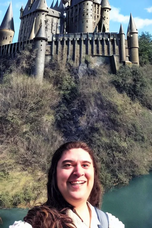 Prompt: iPhone selfie of Hagrid in front of the Hogwarts Castle