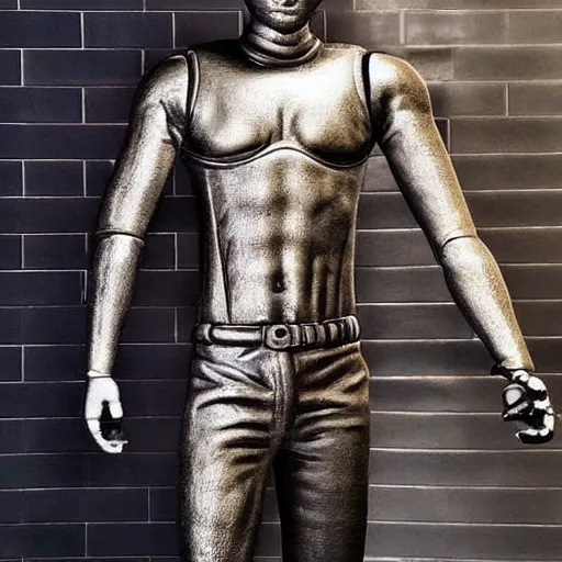 Image similar to “a realistic detailed photo of a guy who is an attractive humanoid who is half robot and half humanoid, who is a male android, baseball player Mike Trout, shiny skin, posing like a statue, blank stare, in the locker room, on display”