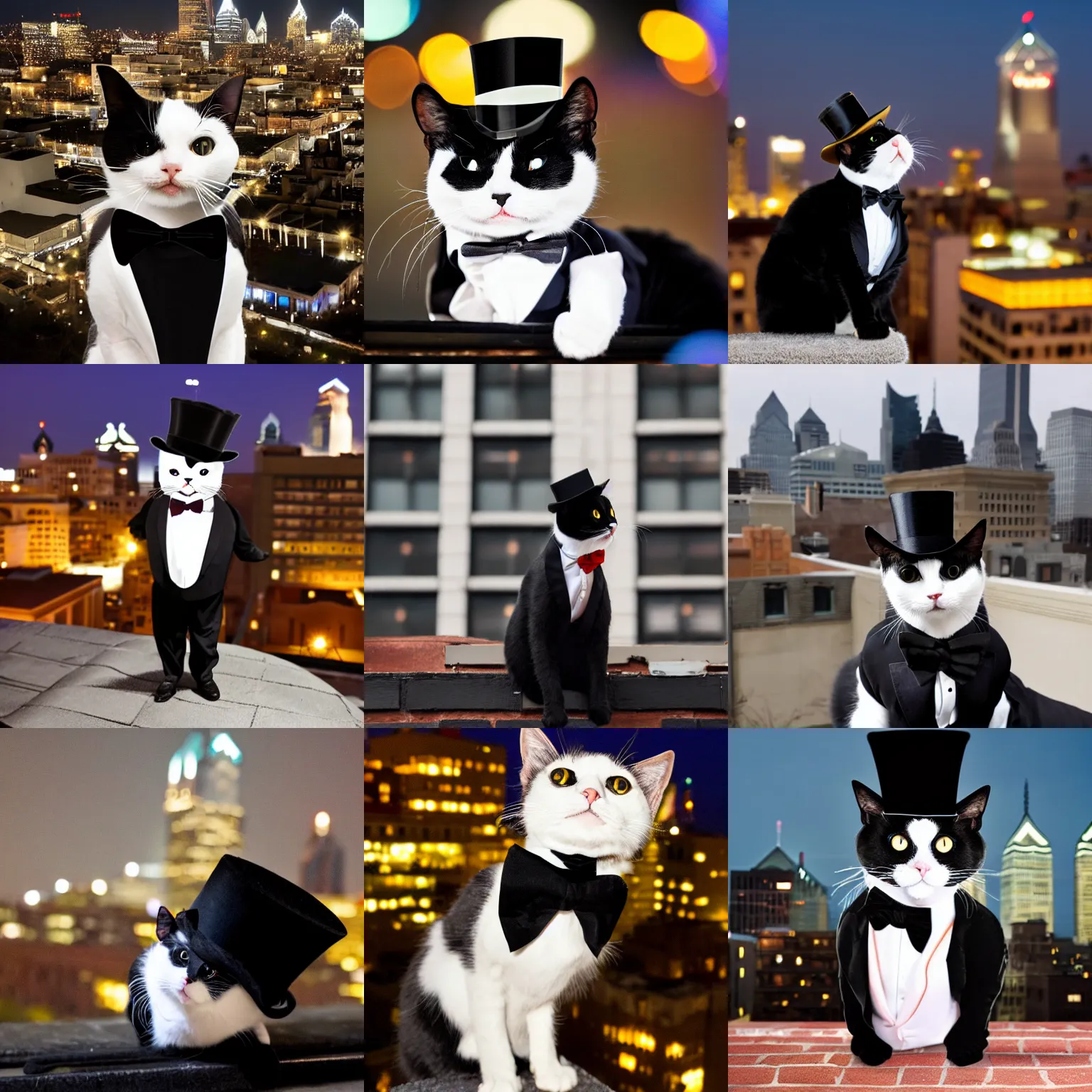 Prompt: Tuxedo Cat in a top hat on a rooftop in Philadelphia at night