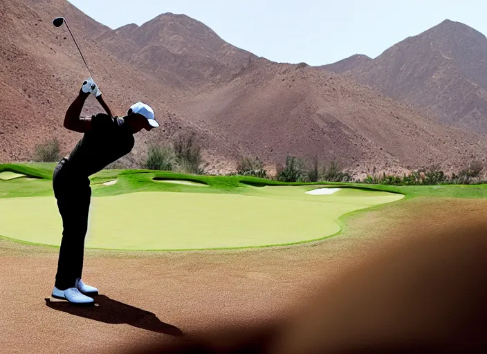 Prompt: tiger woods playing golf at the base of olympus mons