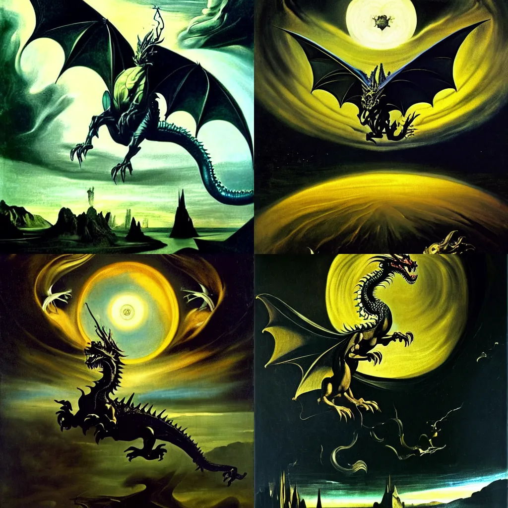 Prompt: A majestic gothic planetary dragon, by Francis Bacon, by Salvador Dali, by Francisco de Goya, by Caravaggio, by Sandro Botticelli, masterpiece, oil on canvas, trending on artstation, top on pixiv, cinematic composition, dramatic scene, beautiful lighting, concept art, sharp, high details, astrophotography, no frames, 8K