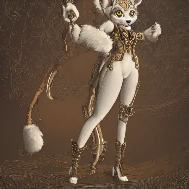 Image similar to the full body of anthropomorphic lynx fursona from behind wearing a steampunk suit as unimaginably beautiful, gorgeous, elegant, young woman with lynx head, an ultrafine hyperdetailed illustration by furaffinity, intricate linework, white fur, unreal engine 5 highly rendered, global illumination, radiant light, detailed and intricate environment, no feral, no taur