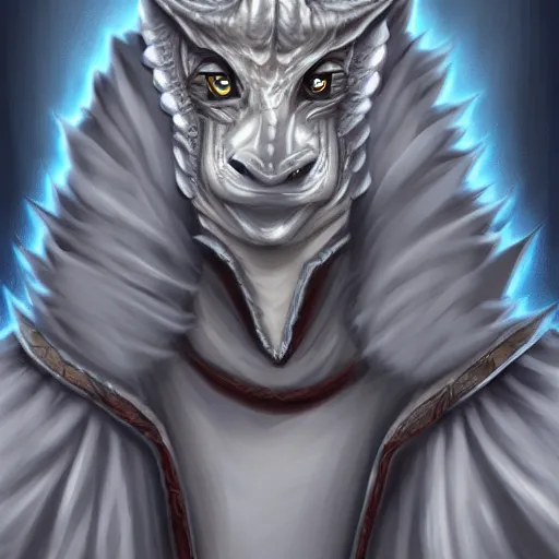 Prompt: upper body portrait of a handsome noble anthropomorphic silver dragon, male, wearing a robe, large eyes, commission on furaffinity