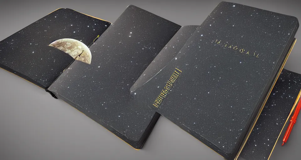 Prompt: a majestic and mystifying book about space travel, moleskin book, relic, knowledge, wisdom, secrets, travel guide, space tourism, hard cover book, adventure, hyper realistic, realistic, 8 k render, unreal engine 5 render