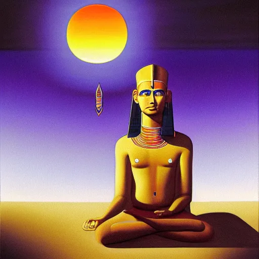 Image similar to painting of a Egyptian pharaoh meditating under a tree by Alex Grey, acrylic art, ethereal, soothing, somber, elegant, warm light, cozy, glows,