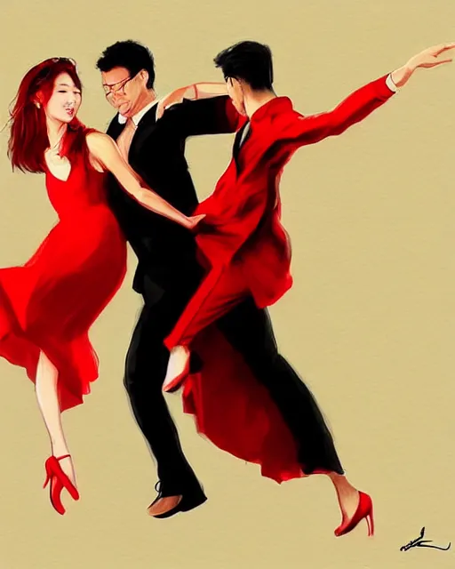 Image similar to Dancing Gesture draw by Stanley Artgerm Lau, Gesture draw, Salsa Dance, couple, lady using red dress, guy using a fancy suit, Salsa tricks, WLOP, Rossdraws, James Jean, Andrei Riabovitchev, Marc Simonetti, and Sakimichan, trending on artstation