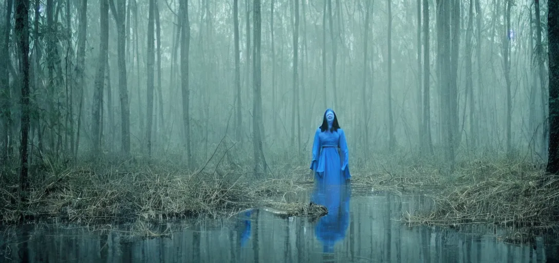 Prompt: an angel in blue and yellow robes in a swamp, sunny weather, foggy, cinematic shot, photo still from movie by denis villeneuve