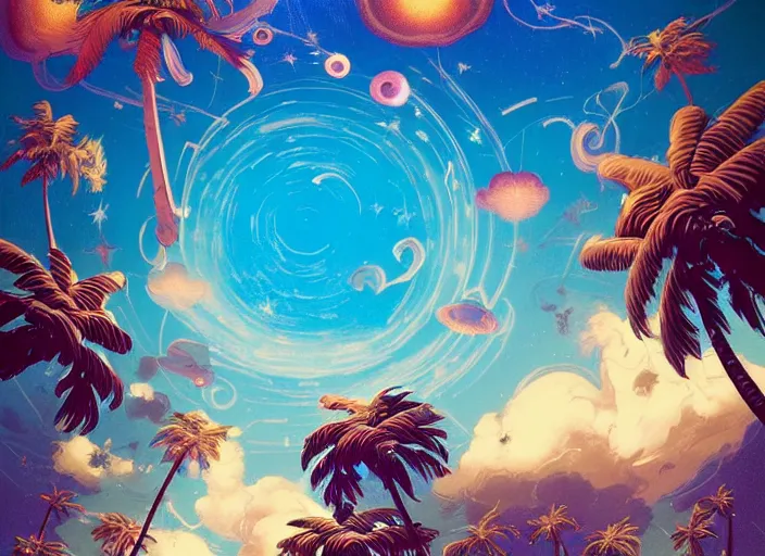 Prompt: harmony of swirly clouds, starry night, deep blue night sky, tropical island, palm trees, flowers, fish eye effect, ufos in the sky, by wlop, james jean, victo ngai! muted colors, highly detailed, fantasy art by craig mullins, thomas kinkade