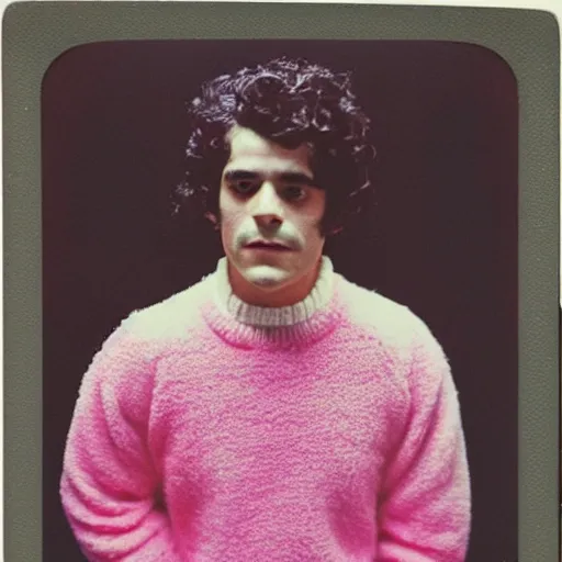 Prompt: oscar isaak in pink fluffy sweater, 7 0 - s, polaroid photo, by warhol,