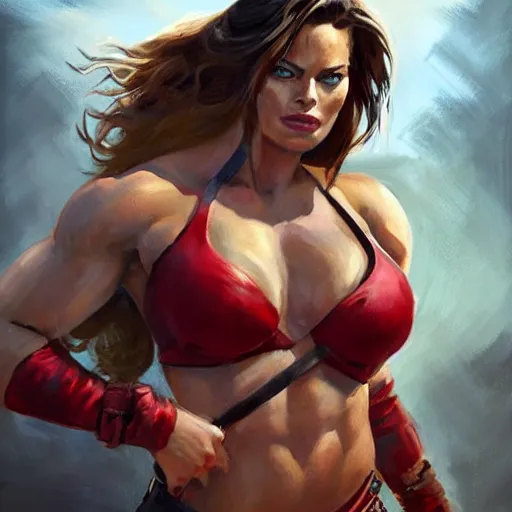 Prompt: greg manchess portrait of margot robbie as thick female bodybuilder lara croft wearing red armour, epic grimdark, fantasy, medium shot, asymmetrical, profile picture, organic painting, sunny day, matte painting, bold shapes, hard edges, street art, trending on artstation, by huang guangjian and gil elvgren and sachin teng
