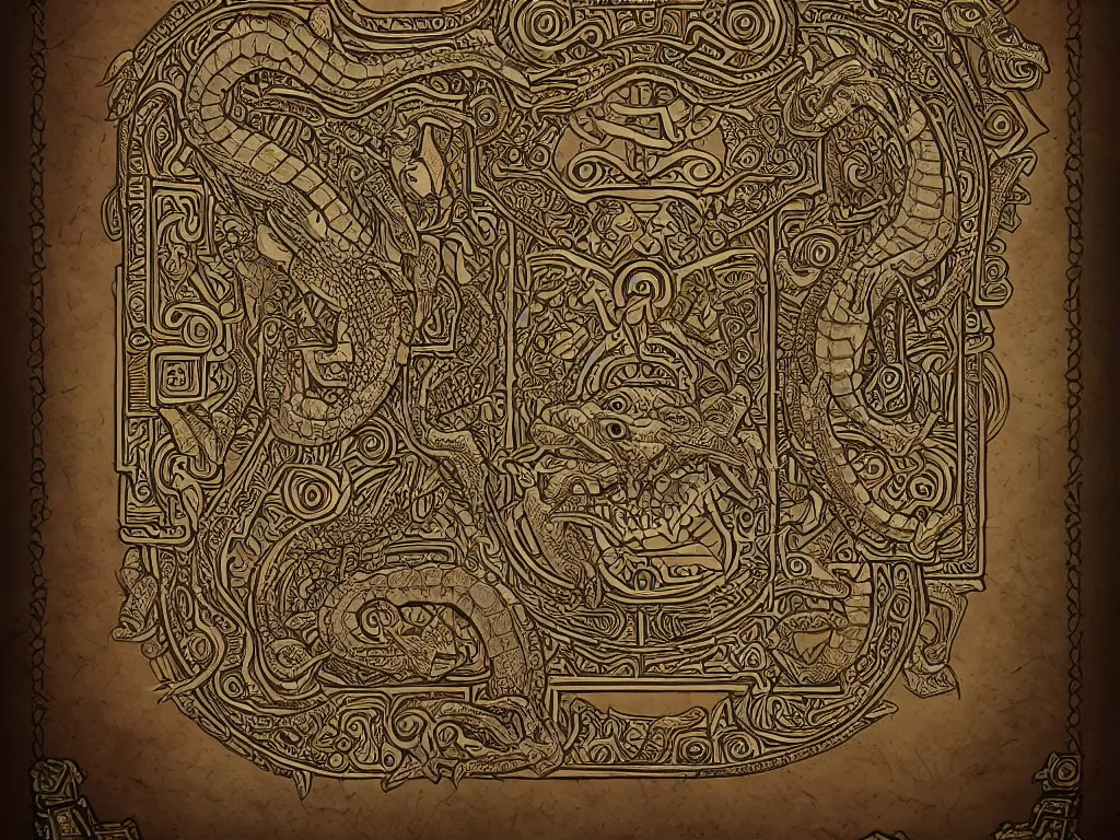 Image similar to mayan book decorative border frame on a white background, crocodile reptilian motifs, d & d, fantasy, intricate, elegant, highly detailed, digital painting, artstation, illustration, hearthstone