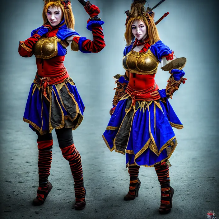 Image similar to full body photo of a real - life beautiful female jester warrior, 8 k, hdr, smooth, sharp focus, high resolution, award - winning photo