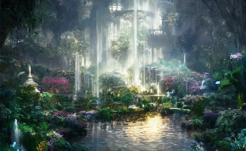 Image similar to Beautiful eden garden, next to a fountain and a mystical palace, intricate, elegant, volumetric lighting, digital painting, highly detailed, artstation, sharp focus, illustration, concept art, ruan jia, steve mccurry