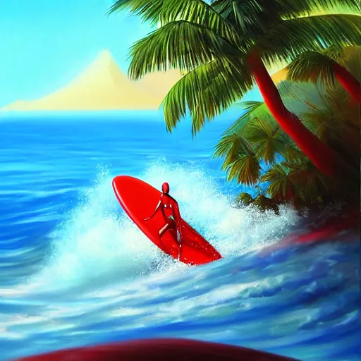 Prompt: red robot surfing the wave, island in the background, oil painting, tropical style, 3 d digital art