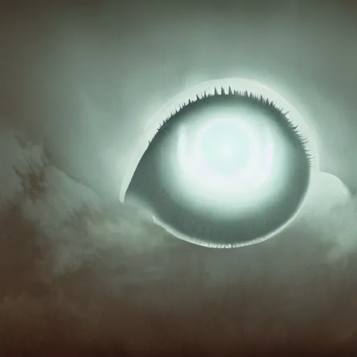 Image similar to a giant eyeball monster conquering a foggy city, photorealistic