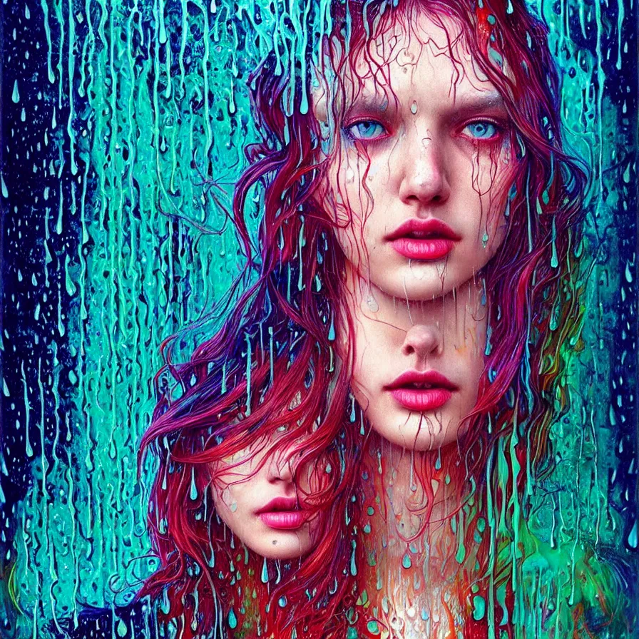 Image similar to bright asthetic portrait of LSD in rain with wet hair and face, liquid, fantasy, intricate, elegant, dramatic lighting, highly detailed, lifelike, photorealistic, digital painting, artstation, illustration, concept art, smooth, sharp focus, art by John Collier and Albert Aublet and Krenz Cushart and Artem Demura and Alphonse Mucha