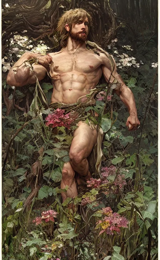 Prompt: god of the forest, 3 0 years old, rugged, handsome, male, detailed face, clean lines, atmospheric lighting, amazing, full body, thighs, flowers, muscular, intricate, highly detailed, digital painting, deviantart, concept art, sharp focus, illustration, art by greg rutkowski and alphonse mucha