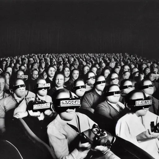 Prompt: 1 9 5 0's movie theatre, full audience all wearing vr headsets. image taken at front of theatre looking towards the crowd. dark only light coming from the screen. audience illuminated