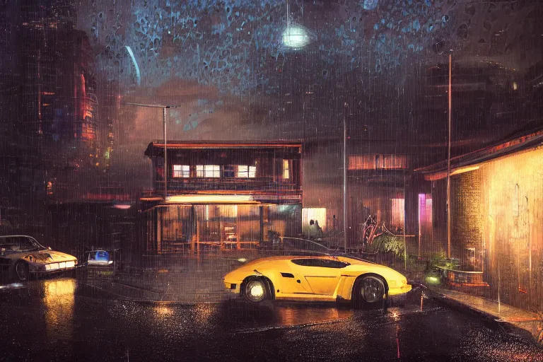 Image similar to cyberpunk, an estate agent listing photo, external view of a detached city house in the UK, it's night time, raining, sports car, by Paul Lehr, highly detailed, photorealistic, unreal engine, 8k, anamorphic, cinestill cinematrography