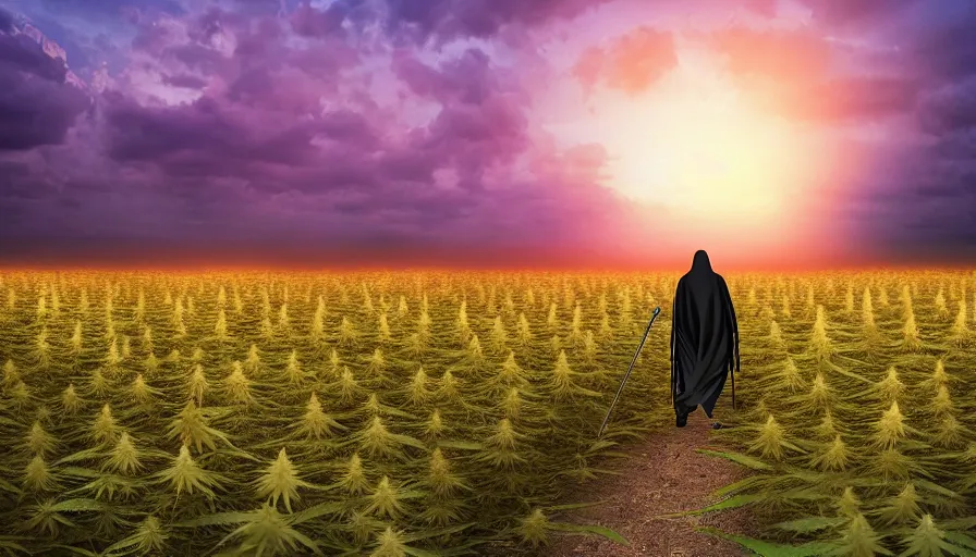 Prompt: the grim reaper walking in a cannabis field, sunset, global illumination, hyper - realistic, insanely detailed and intricate, cinematic, 8 k