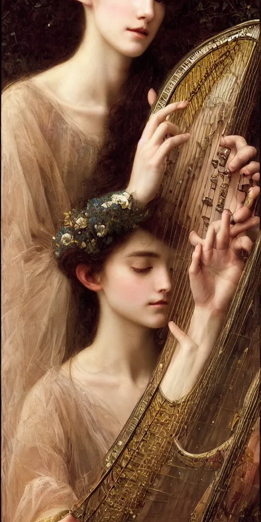 Image similar to masterpiece of a shy delicate elf bard, playing on a harp, followed by a shadow, beautiful face and flawless skin, perfect hands by Edgar Maxence and Ross Tran and Michael Whelan