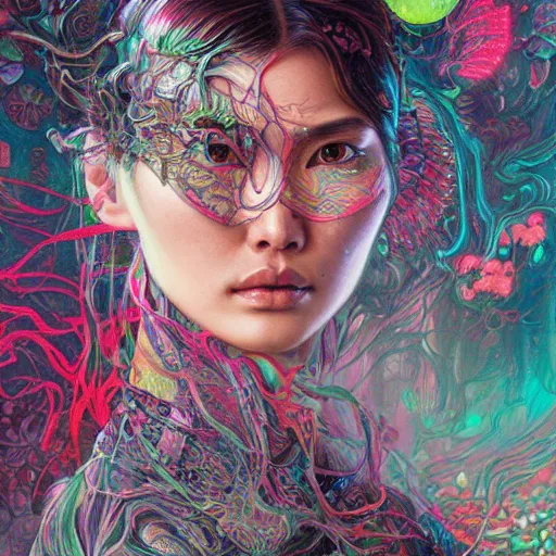 Image similar to portrait of gemma chan, hyper detailed masterpiece, neon floral pattern, jean giraud, digital art painting, darkwave goth aesthetic, psychedelic, artgerm, donato giancola and tom bagshaw