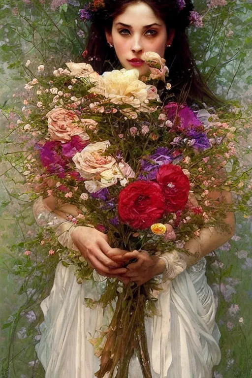 Image similar to portrait of a beautiful mysterious woman holding a bouquet of flowing flowers, hands hidden under the bouquet, fantasy, regal, intricate, by stanley artgerm lau, greg rutkowski, thomas kindkade, alphonse mucha, loish, norman rockwell