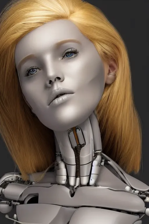 Image similar to robot with human face, female head, full body angle, woman human face, human face realistic, beautiful blonde hair, human head, human head with blonde hair, blonde hair human head, blonde hair, human realistic face, human head skin, cyborg frame concept, cyborg by ales-kotnik, sci-fi android female, the body is made of wires, robotic body, cyborg body, cyborg bust body, robot body cyborg, full body