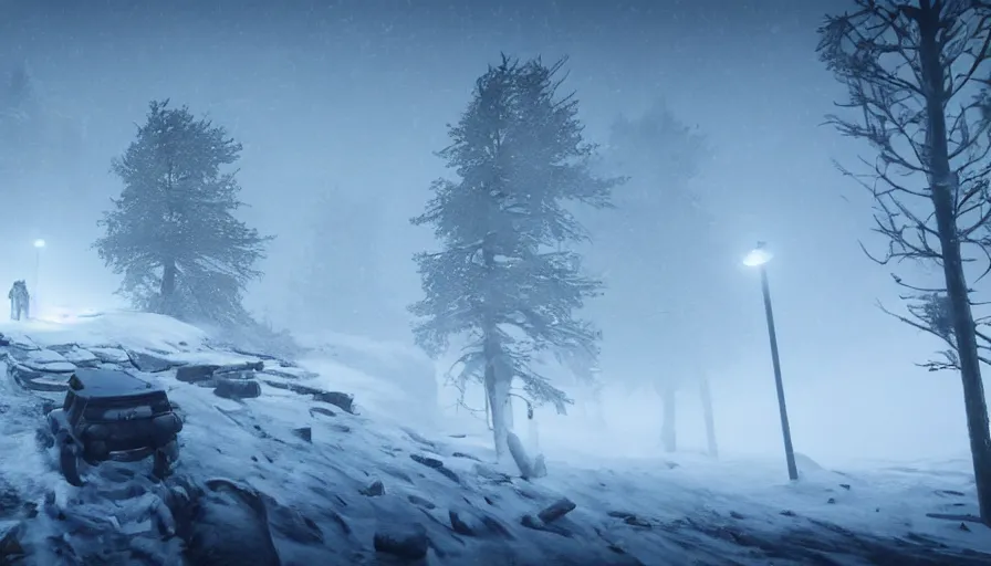 Prompt: Unreal Engine Survival Game in a blizzard, Heavy Thick snow, Fog and Mist, Beautiful dark Landscape, Distant Lights, Hyperrealistic, Hyperdetailed, Concept Art, High Snow