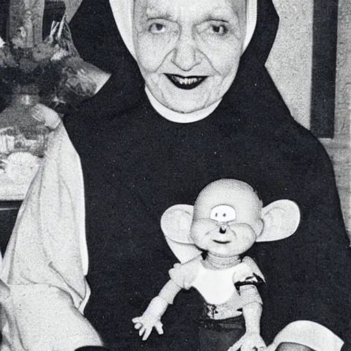 Image similar to a nun in church holding chucky the evil looking killer doll on her lap