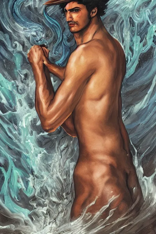 Prompt: a dramatic, epic, ethereal tarot painting of a handsome!! brown shirtless cowboy | homoerotic | background is a torrential flooding river | tarot card, art deco, art nouveau | by Mark Maggiori | trending on artstation