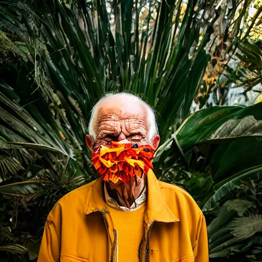 Prompt: an elderly man wearing a mask made from nachos, bold natural colors, national geographic photography, masterpiece, 8 k, raw, unedited, symmetrical balance, jungle background