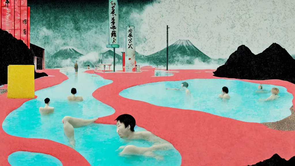 Image similar to japan natural hot spring, a collage painting, in the style of wes anderson, lola dupre, david hockney, isolated on negative white space background dark monochrome neon spraypaint accents volumetric octane render