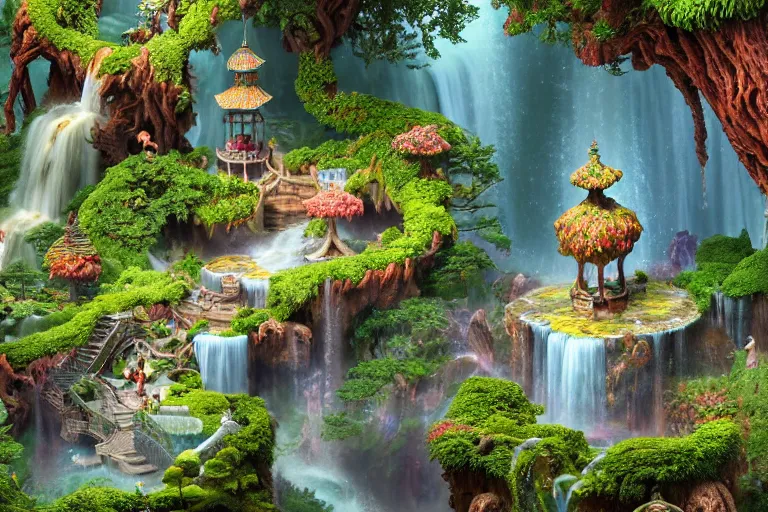 Image similar to isometric view of a fantastical garden with waterfalls and giant trees, by Andrei Riabovitchev, Shaun Tan, Peter Mohrbacher and Takayuki Takeya, ancient ornate intricate, cinematic, realistic, intricate detail, finely detailed, small details, extra detail, photorealistic, high resolution, 3D, PBR, path tracing, volumetric lighting, octane render, arnold render, 8k