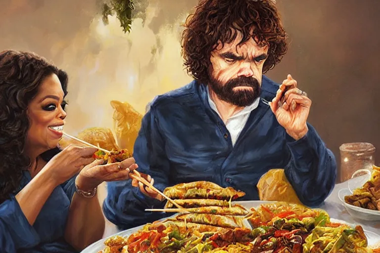 Prompt: portrait of oprah winfrey feeding peter dinklage kebabs, an oil painting by ross tran and thomas kincade