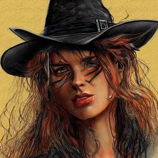 Image similar to beautiful cowboy witch, wild west, concept art, colored pencil drawing, trending on artstation