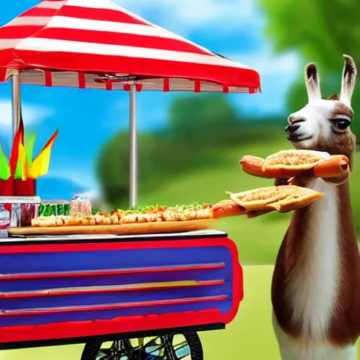 Image similar to llama serving hot dogs from a hot dog cart, photo, detailed, 4k