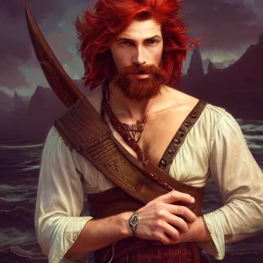 Prompt: portrait of a young ruggedly handsome but optimistic pirate, male, masculine, upper body, red hair, long hair, d & d, fantasy, intricate, elegant, highly detailed, digital painting, artstation, concept art, matte, sharp focus, illustration, art by artgerm and greg rutkowski and alphonse mucha