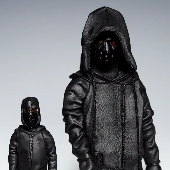 Prompt: kanye west using a face covering black mask with small holes, a black shirt, a black overinflated puffer jacket and black rubber boots, a hot toys figure of kanye west using a black mask with small holes, a black shirt, a black undersize hoodie and black rubber boots, figurine, detailed product photo