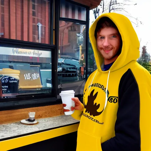 Image similar to a moose with a yellow hoodie selling coffee at a stand in downtown peterborough new hampshire, realistic, 8 k