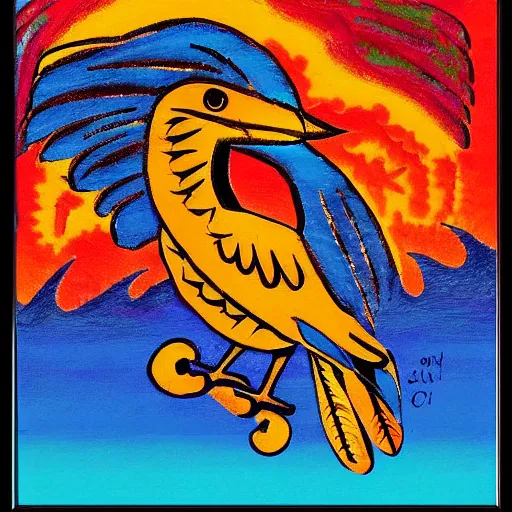 Prompt: a bird rising above the flames, mexican folk art, native american folk art, relief engraving, framed art, simple, mild expressionism, award winning