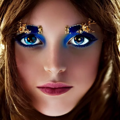 Image similar to a photographic masterpiece portrait of an fantasy beautiful 30 years old princess, with emotional open eyes, with a deep blue sapphire and gold small diadem, seductive eyes, warmer and softer colours, more tan face, lighter brown hair, cinematic light, bokeh, by Danny Battista, canon 50mm, high aperture, artstation