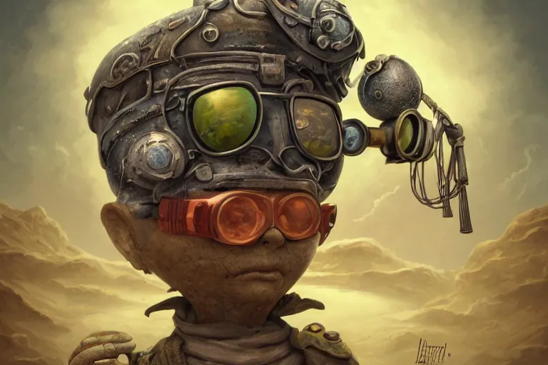 Image similar to a highly detailed forgotten garden gnome wearing goggles and head scarf surviving in a vast barren desert, hopeless wasteland background with a relentless raging sun overhead, post - apocalyptic road warrior vibe, full body, wide angle, an ultrafine detailed painting by joe fenton, trending on deviantart, pop surrealism, whimsical, lowbrow, perfect symmetrical face, sharp focus, octane, masterpiece