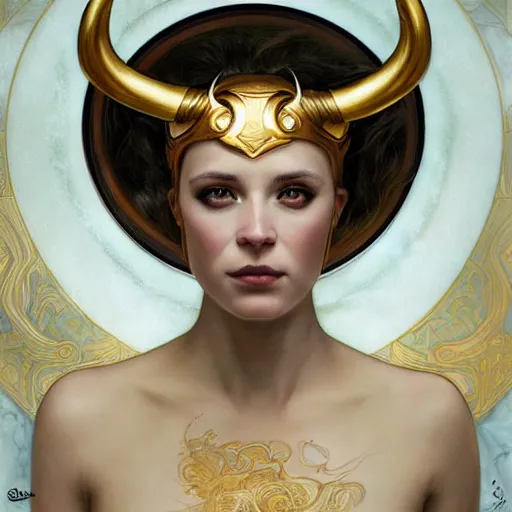 Image similar to Portrait of a female genderbent Loki with golden horned helmet drawn by Donato Giancola and Tom Bagshaw, face by Artgerm, overall design by Alphonse Mucha, background by James Jean and Gustav Klimt, light by Julie Bell, 4k, porcelain skin, komorebi, french nouveau, trending on artstation, octane render, hyperrealistic