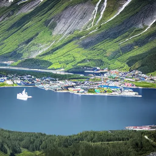 Prompt: The Future of Norwegian fjord after Nordic Mining dumps toxic chemicals into the fjord, Realistic, HDR, Pollution, Scary future of Norwegian Fjord